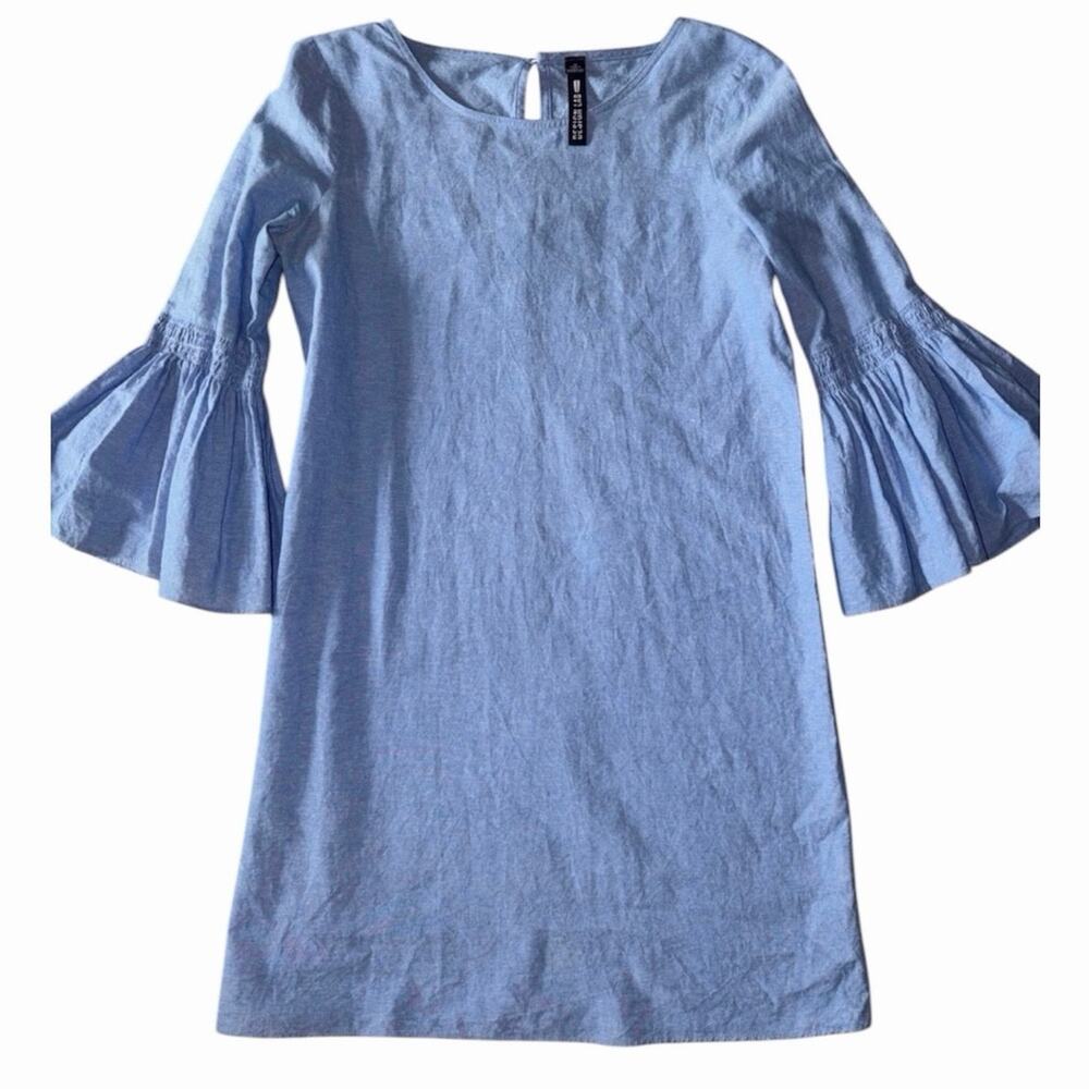 LORD & TAYLOR Design Lab Denim Shift Dress XS Blue Chambray Bell Sleeve Cotton